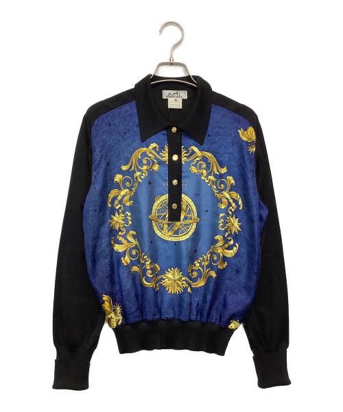 HERMES（エルメス）HERMES (エルメス) スカーフ柄ニット ブルー×ブラック サイズ:40の古着・服飾アイテム