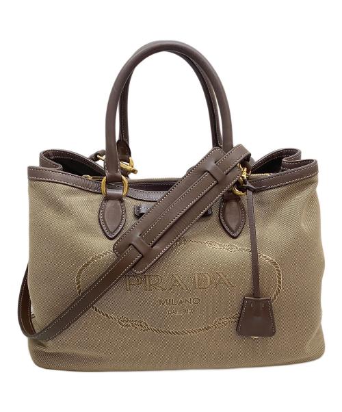 PRADA（プラダ）PRADA (プラダ) ロゴジャガード2WAYバッグ ベージュの古着・服飾アイテム