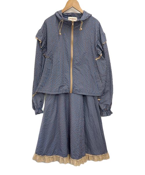 poppy tokyo（ポピートウキョウ）poppy tokyo (ポピートウキョウ) フリルナイロンパーカー ブルーギンガムチェックセットアップ ネイビー サイズ:上：S、下：Мの古着・服飾アイテム