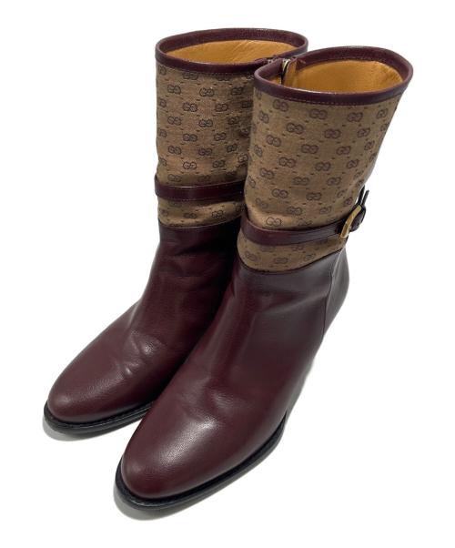 GUCCI（グッチ）GUCCI (グッチ) ヒールロゴサイドジップ ブーティ ボルドー サイズ:35 1/2の古着・服飾アイテム