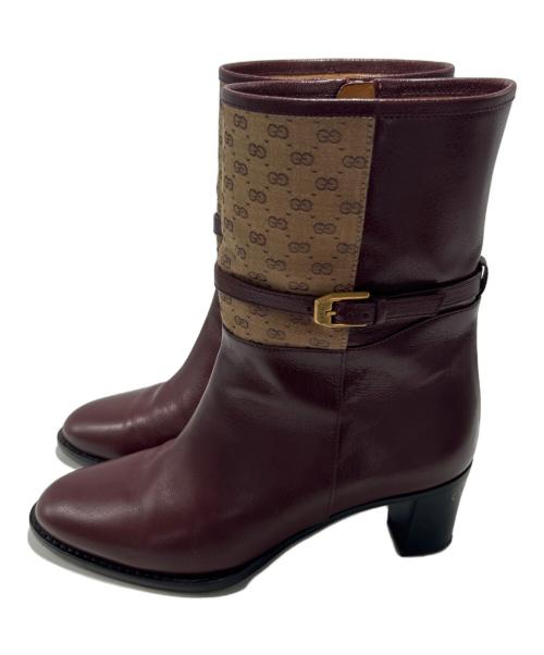 GUCCI（グッチ）GUCCI (グッチ) ヒールロゴサイドジップ ブーティ ボルドー サイズ:35 1/2の古着・服飾アイテム