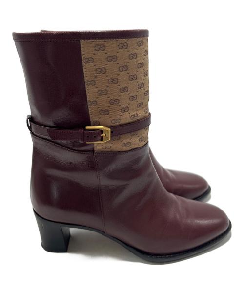 GUCCI（グッチ）GUCCI (グッチ) ヒールロゴサイドジップ ブーティ ボルドー サイズ:35 1/2の古着・服飾アイテム