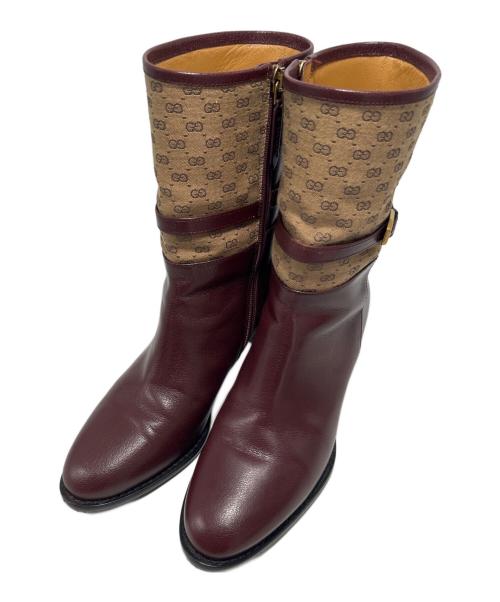 GUCCI（グッチ）GUCCI (グッチ) ヒールロゴサイドジップ ブーティ ボルドー サイズ:35 1/2の古着・服飾アイテム