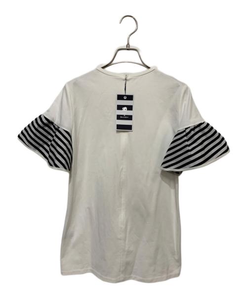BORDERS at BALCONY（ボーダーズアットバルコニー）BORDERS AT BALCONY (ボーダーズアットバルコニー) GATHERED SLEEVES TEE BLACK ホワイト×ネイビー サイズ:38 未使用品の古着・服飾アイテム