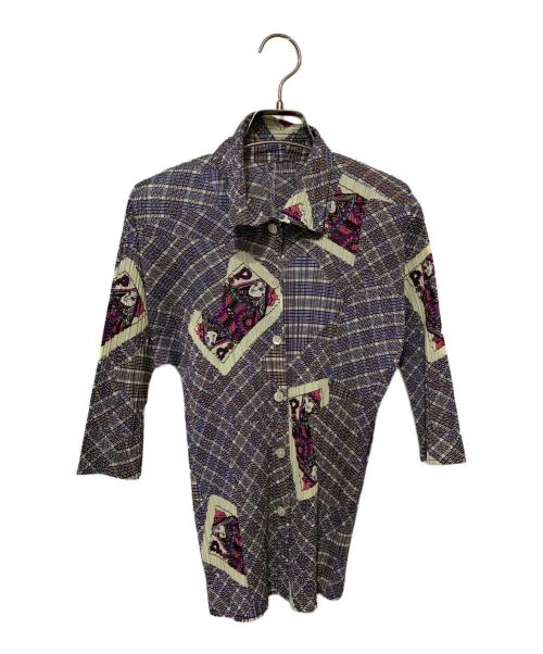 PLEATS PLEASE（プリーツプリーズ）PLEATS PLEASE (プリーツプリーズ) プリーツシャツ ネイビー×アイボリー サイズ:3の古着・服飾アイテム