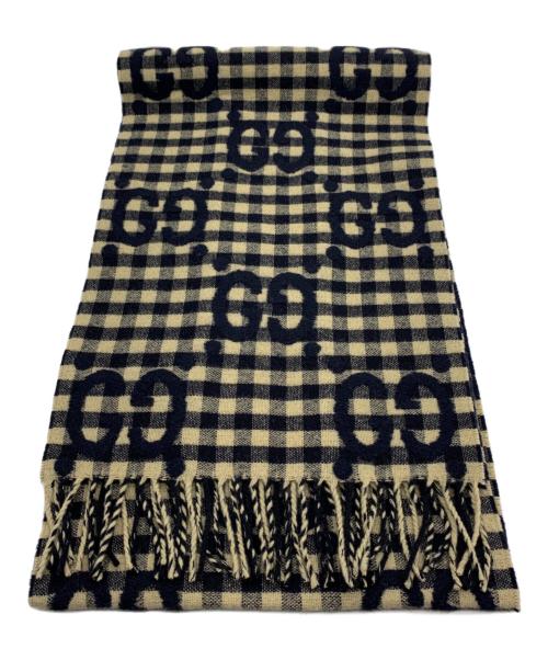 GUCCI（グッチ）GUCCI (グッチ) GG ウールジャカード スカーフ ネイビー×ベージュ サイズ:35×240㎝の古着・服飾アイテム