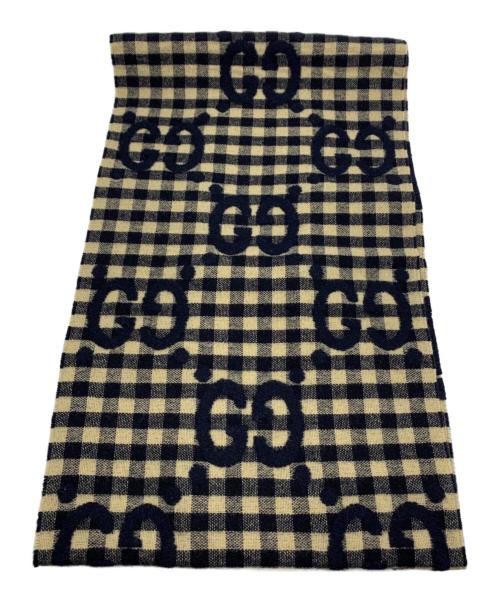 GUCCI（グッチ）GUCCI (グッチ) GG ウールジャカード スカーフ ネイビー×ベージュ サイズ:35×240㎝の古着・服飾アイテム