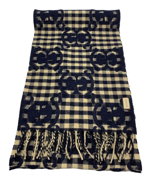GUCCI（グッチ）GUCCI (グッチ) GG ウールジャカード スカーフ ネイビー×ベージュ サイズ:35×240㎝の古着・服飾アイテム