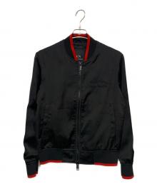 ARMANI EXCHANGE（アルマーニ エクスチェンジ）の古着「バックパームツリープリント サテンジャンパー」｜ブラック×レッド