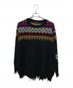 s'yteサイト）の古着「Bulky Wool Nordic Pattern Damaged Round Neck Knit」｜ブラック×マルチ