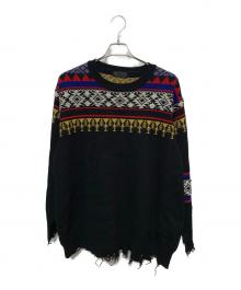 s'yte（サイト）の古着「Bulky Wool Nordic Pattern Damaged Round Neck Knit」｜ブラック×マルチ