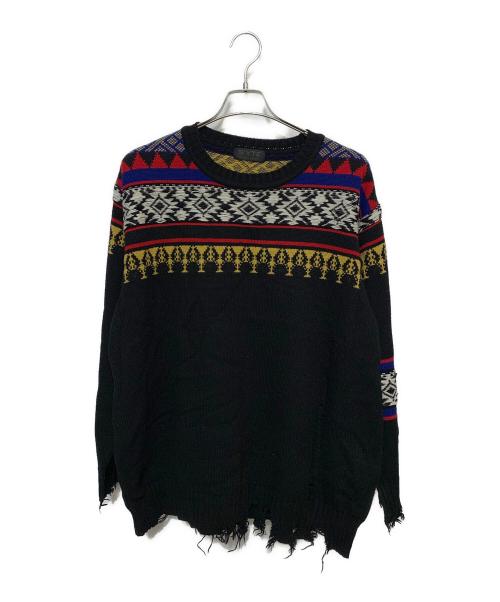 s'yte（サイト）s'yte (サイト) Bulky Wool Nordic Pattern Damaged Round Neck Knit ブラック×マルチ サイズ:3の古着・服飾アイテム