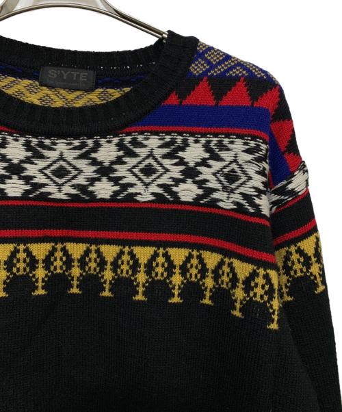 s'yte（サイト）s'yte (サイト) Bulky Wool Nordic Pattern Damaged Round Neck Knit ブラック×マルチ サイズ:3の古着・服飾アイテム