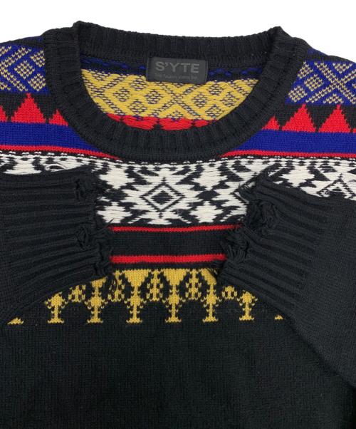 s'yte（サイト）s'yte (サイト) Bulky Wool Nordic Pattern Damaged Round Neck Knit ブラック×マルチ サイズ:3の古着・服飾アイテム
