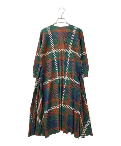 PLEATS PLEASE（プリーツプリーズ）PLEATS PLEASE (プリーツプリーズ) プリーツロングカーディガン グリーン×ブラウン サイズ:3の古着・服飾アイテム