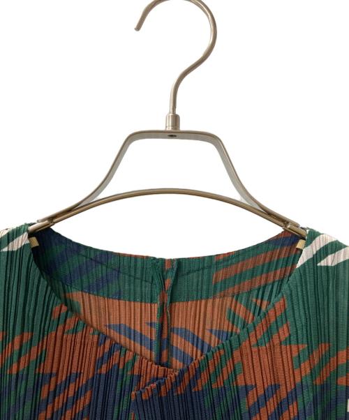 PLEATS PLEASE（プリーツプリーズ）PLEATS PLEASE (プリーツプリーズ) プリーツロングカーディガン グリーン×ブラウン サイズ:3の古着・服飾アイテム