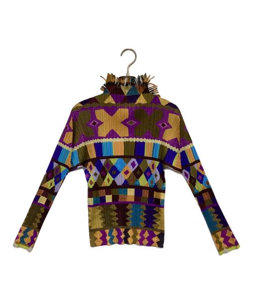 PLEATS PLEASE（プリーツプリーズ）PLEATS PLEASE (プリーツプリーズ) フリンジカットソー/総柄カットソー マルチカラー サイズ:3の古着・服飾アイテム