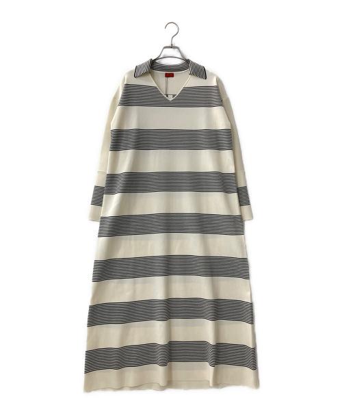 DES PRES（デ プレ）DES PRES (デ プレ) レーヨンポリエステルプレーティング Vネックワンピース アイボリー×ブラック サイズ:36の古着・服飾アイテム