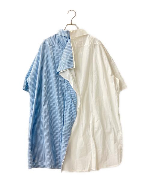 MM6 Maison Margiela（エムエムシックスメゾンマルジェラ）MM6 Maison Margiela (エムエムシックスメゾンマルジェラ) ストライプ切替 アシンメトリー半袖シャツ ホワイト×ブルー サイズ:36号の古着・服飾アイテム