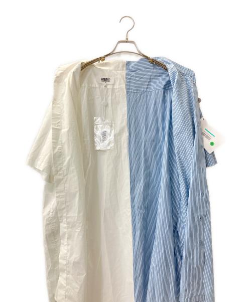 MM6 Maison Margiela（エムエムシックスメゾンマルジェラ）MM6 Maison Margiela (エムエムシックスメゾンマルジェラ) ストライプ切替 アシンメトリー半袖シャツ ホワイト×ブルー サイズ:36号の古着・服飾アイテム