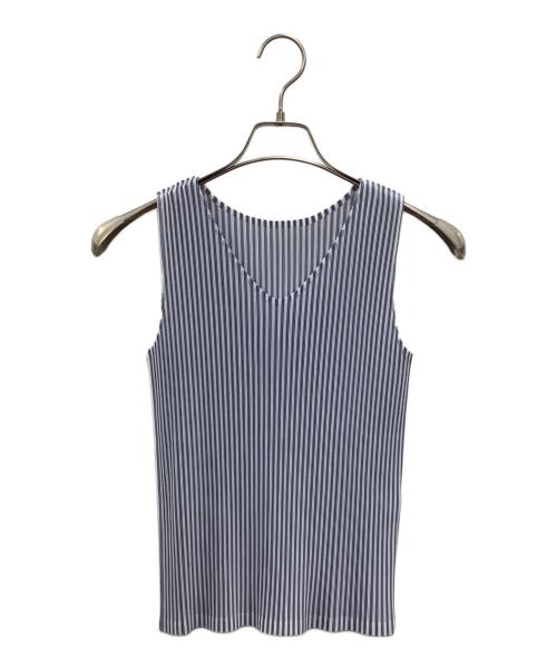 PLEATS PLEASE ISSEY MIYAKE（プリーツプリーズ イッセイミヤケ）PLEATS PLEASE ISSEY MIYAKE (プリーツプリーズ イッセイミヤケ) ノースリーブプリーツカットソー ブルー×ホワイト サイズ:3の古着・服飾アイテム