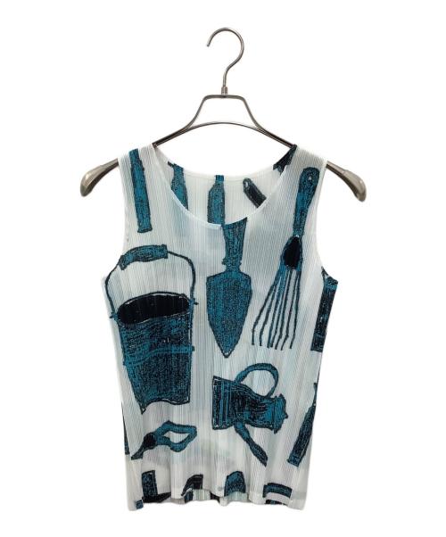 PLEATS PLEASE ISSEY MIYAKE（プリーツプリーズ イッセイミヤケ）PLEATS PLEASE ISSEY MIYAKE (プリーツプリーズ イッセイミヤケ) ノースリーブプリーツカットソー ホワイト×ブルー サイズ:3の古着・服飾アイテム