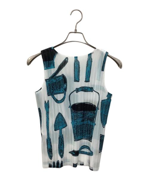 PLEATS PLEASE ISSEY MIYAKE（プリーツプリーズ イッセイミヤケ）PLEATS PLEASE ISSEY MIYAKE (プリーツプリーズ イッセイミヤケ) ノースリーブプリーツカットソー ホワイト×ブルー サイズ:3の古着・服飾アイテム