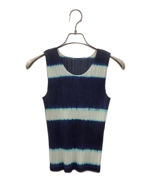 PLEATS PLEASE ISSEY MIYAKE（プリーツプリーズ イッセイミヤケ）PLEATS PLEASE ISSEY MIYAKE (プリーツプリーズ イッセイミヤケ) ノースリーブプリーツカットソー ネイビー×ホワイト サイズ:3の古着・服飾アイテム