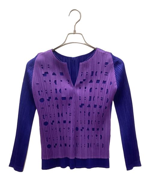 PLEATS PLEASE ISSEY MIYAKE（プリーツプリーズ イッセイミヤケ）PLEATS PLEASE ISSEY MIYAKE (プリーツプリーズ イッセイミヤケ) プリーツカットソー ネイビー×パープル サイズ:3の古着・服飾アイテム