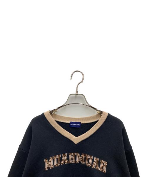 muahmuah（ムーアムーア）muahmuah (ムーアムーア) ラインコンビVネックスウェットシャツ ブラック×ベージュ サイズ:FREEの古着・服飾アイテム