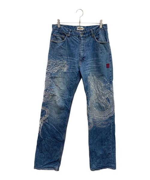 絡繰魂（カラクリタマシイ）絡繰魂 (カラクリタマシイ) 刺繍デニムパンツ インディゴ サイズ:35の古着・服飾アイテム