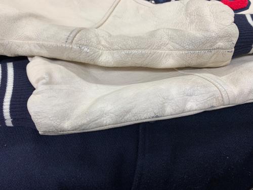 NIKE（ナイキ）NIKE (ナイキ) 袖レザースタジャン ネイビー×アイボリー サイズ:Lの古着・服飾アイテム