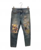 Hysteric Glamourヒステリックグラマー）の古着「コラージュパッチリメイクテーパードデニムパンツ／COLLAGE PATCH REMAKE TAPERED DENIM PANTS」｜ブルー