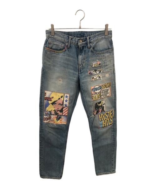 Hysteric Glamour（ヒステリックグラマー）Hysteric Glamour (ヒステリックグラマー) コラージュパッチリメイクテーパードデニムパンツ／COLLAGE PATCH REMAKE TAPERED DENIM PANTS ブルー サイズ:W28の古着・服飾アイテム