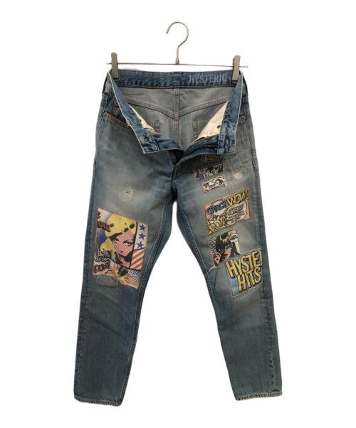 Hysteric Glamour（ヒステリックグラマー）Hysteric Glamour (ヒステリックグラマー) コラージュパッチリメイクテーパードデニムパンツ／COLLAGE PATCH REMAKE TAPERED DENIM PANTS ブルー サイズ:W28の古着・服飾アイテム