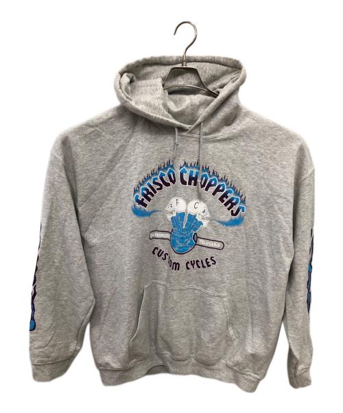 415 Clothing（フォーワンファイブクロージング）415 Clothing Us/Frisco Choppers SKULL MOTOR & FIRE PATTERN PRINT HOODIE／スカルモーター＆ファイヤパターン プリントフーディ グレー サイズ:XLの古着・服飾アイテム