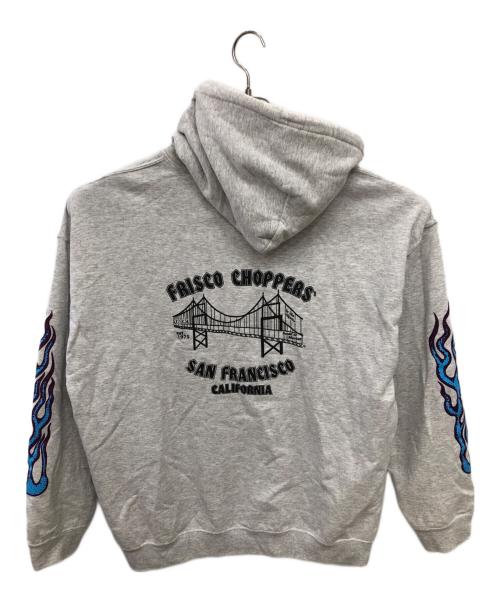 415 Clothing（フォーワンファイブクロージング）415 Clothing Us/Frisco Choppers SKULL MOTOR & FIRE PATTERN PRINT HOODIE／スカルモーター＆ファイヤパターン プリントフーディ グレー サイズ:XLの古着・服飾アイテム