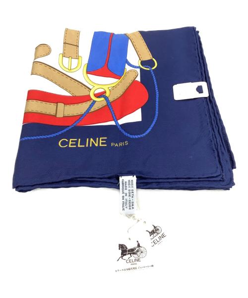 CELINE（セリーヌ）CELINE (セリーヌ) 80-90'sシルクスカーフ ネイビー×レッド サイズ:90×90 未使用品の古着・服飾アイテム