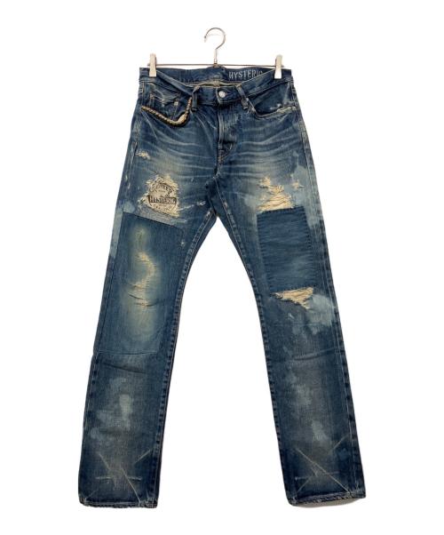 Hysteric Glamour（ヒステリックグラマー）Hysteric Glamour (ヒステリックグラマー) パッチワーク スタッズ クラッシュ加工ダメージジーンズ インディゴ サイズ:81cm(W32)の古着・服飾アイテム