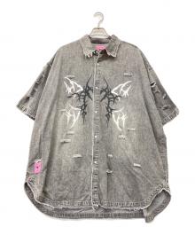 GALFY（ガルフィー）の古着「ボロボロデニム半袖BIG シャツ」｜グレー
