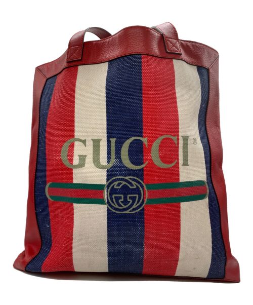 GUCCI（グッチ）GUCCI (グッチ) トリコロールストライプロゴトートバッグ レッド×ブルー×ホワイトの古着・服飾アイテム