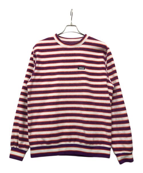 stussy（ステューシー）stussy (ステューシー) Striped Polar Fleece Crew ホワイト×パープル サイズ:Sの古着・服飾アイテム
