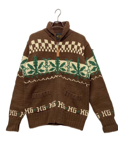 HG（エイチジー）HG (エイチジー) 厚手カーディガン ブラウン×グリーン サイズ:Lの古着・服飾アイテム