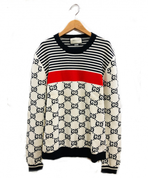 GUCCI（グッチ）GUCCI (グッチ) ロゴストライプニット ベージュ×レッド×ブラック サイズ:不明の古着・服飾アイテム