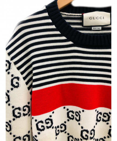 GUCCI（グッチ）GUCCI (グッチ) ロゴストライプニット ベージュ×レッド×ブラック サイズ:不明の古着・服飾アイテム