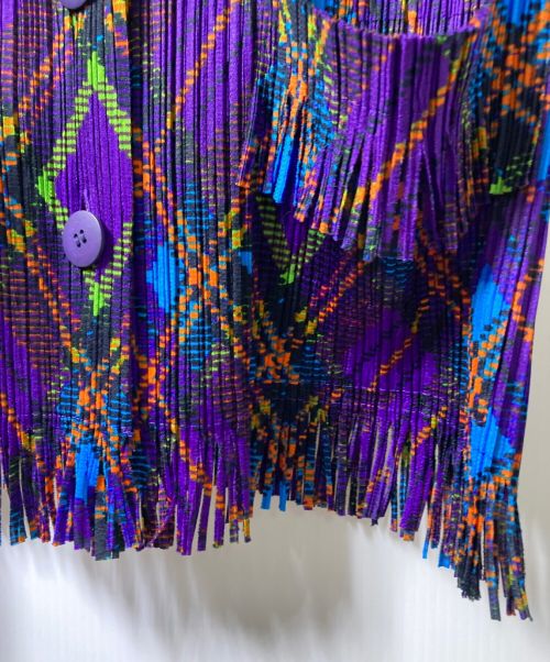 PLEATS PLEASE（プリーツプリーズ）PLEATS PLEASE (プリーツプリーズ) アーガイルプリント裾フリンジジャケット パープル サイズ:3の古着・服飾アイテム