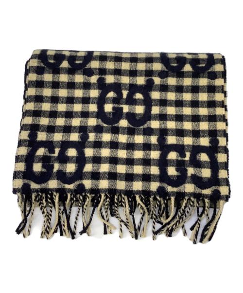 GUCCI（グッチ）GUCCI (グッチ) ジャガードギンガムチェックマフラー 	GUCCI（グッチ）　644365 ベージュ×ブラックの古着・服飾アイテム