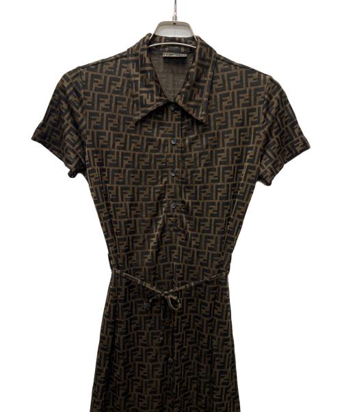 FENDI（フェンディ）FENDI (フェンディ) ズッカ柄半袖ワンピース ブラウン×ブラック サイズ:４０の古着・服飾アイテム