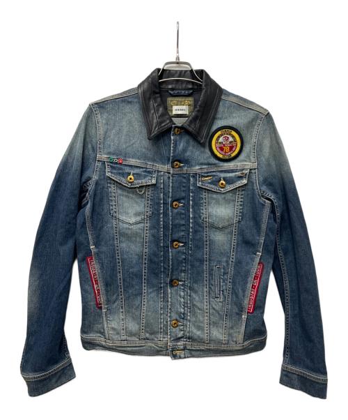 DIESEL（ディーゼル）DIESEL (ディーゼル) 襟レザーデニムジャケット インディゴ×ブラック サイズ:Ｌの古着・服飾アイテム