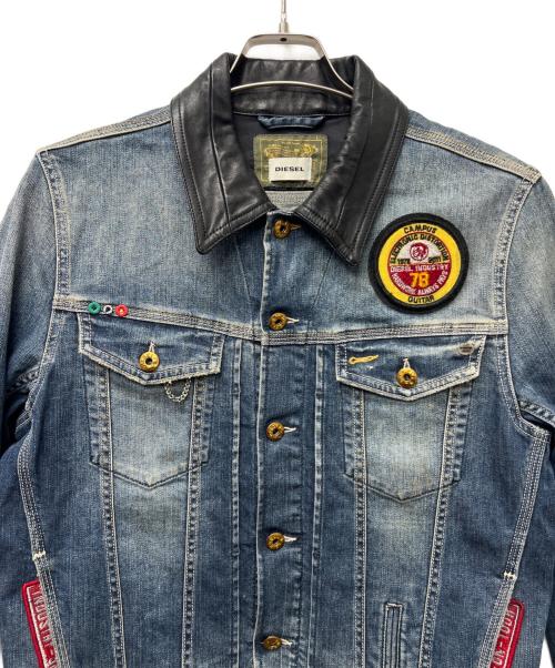DIESEL（ディーゼル）DIESEL (ディーゼル) 襟レザーデニムジャケット インディゴ×ブラック サイズ:Ｌの古着・服飾アイテム